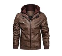 HOOD CREW Giacca casual da motociclista in pelle sintetica da uomo con cappuccio rimovibile, marrone, S