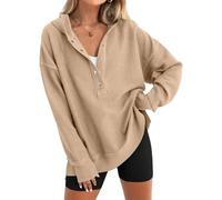 Hooded Sweatshirt for Women Oversized Pullover Long Sleeve Snap Button (Khaki,XL)