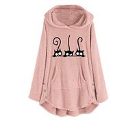 Hoodie Donna Cappotto in Pelliccia Donna Sintetica Peluche Felpa con Cappuccio Taglie Forti Giacca in Pile con Tasca A Marsupio E Bottoni Ricamata Gatto Carino Giacche Invernale