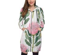 Hoodie Donna Oversize Vintage Lunga Streetwear Tasche Elementi King Protea Taglie Forti Felpa Zip Cerniera Comode Hoodie Leggera Trekking Felpe Giacca Giubbino con Cappuccio,Rosa
