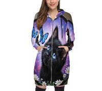 Hoodie Donna Oversize Vintage Lunga Streetwear Tasche Galassia Illustrazioni Di Gatti Neri Taglie Forti Felpa Zip Cerniera Comode Hoodie Leggera Trekking Felpe Giacca Giubbino Con Cappuccio,Viola