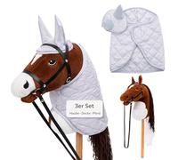 Hoofly Hobby Horse Set - Grande cavallo per bambini con coperta e cappuccio per mosche | Set completo per hobby con ciocca e morsa da 35 cm | cavallo marrone - accessorio grigio