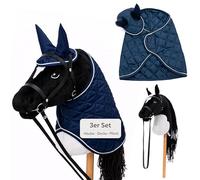 Hoofly Hobby Horse Set - Grande cavallo per bambini con coperta e cappuccio per mosche | Set completo per hobby con ciocca e morsa da 35 cm | Cavallo nero - Accessori blu