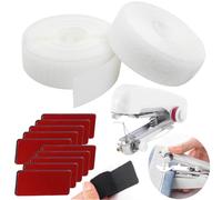 Hook and Loop Striscia Set incl Nastro a Strappo per Cucire Bianco 16mm x 5m, 10 Feltro Adesivo Extra Forte 32mm x 80mm, 1 Mini Macchina da Cucire, Nastro Biadesivo per Cucito/Tessuto/Portafoto e DIY