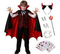 Hook Costume da vampiro da ragazzo con colletto - mantello di Dracula rosso nero su entrambi i lati con denti da vampiro, tatuaggi, forcella del diavolo e corna del diavolo, costume per Halloween