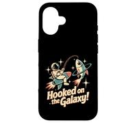 Hooked on the Galaxy Retro Space Astronaut Fishing Atomic Custodia per iPhone 16
