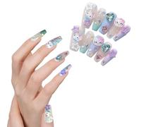 HOOKTA Pack of 10 Kitty Cat Press on Nails, Pink Cat Press on Nails with 3D Star Diamond Nail Charms Design for Women and Girls Nail Art Decorazioni (L)