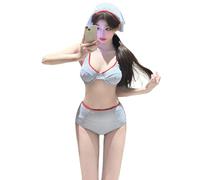 HOOLRZI Costume da bagno a righe blu a due pezzi per le donne push-up costumi da bagno a vita alta push-up set con copricapo vintage a righe costumi da bagno