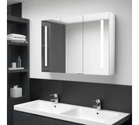 Hoopleep Armadio a specchio a LED, 89 x 14 x 62 cm, bianco lucido, vanity montato a parete, 3 porte, illuminato per trucco, shaving, skin care, design moderno