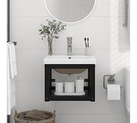 Hoopleep Black Wall Mount Vanity Sink Frame, Powder-Coated Iron, 40 x 38 x 31 cm, Space Saving Design for Small Bathrooms, Easy Access Storage, Durable Ceramic Basin, Modern, Compact