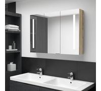 Hoopleep Cabinet LED Bathroom Mirror Cabinet, 89 x 14 x 62 cm, finitura in legno di quercia, montaggio a parete con luce dimmerabile, 3 porte, 5 scomparti interni per lo stoccaggio, facile da on/off