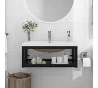 Hoopleep Cornice da bagno montata a parete con lavandino in ceramica integrato, colore nero, 79 x 38 x 31 cm, design spaziale per piccole stanze da bagno, facile da assemblare