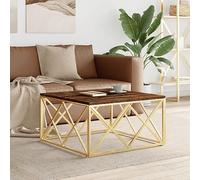 Hoopleep Golden Stainless Steel Coffee Table, 80 x 80 x 40 cm, Solid Reclaimed Wood Top, Modern Living Room Center Table, Durable & Easy Clean Accent Furniture for Home