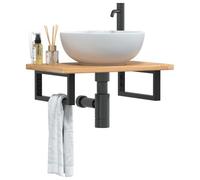 Hoopleep Lavabo con supporto, 60 x 40 x 2,5 cm, legno massello di quercia marrone chiaro, portata 100 kg, mensola sospesa salvaspazio per bagno, acciaio nero, montaggio a parete