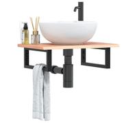 Hoopleep Mensola per lavabo con supporto, 60 x 40 x 2 cm, legno massello di rovere e acciaio nero, montaggio a parete, salvaspazio per lavabo, robusta mensola sospesa, design moderno
