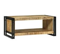 Hoopleep Rustic Brown Coffee Table, 90 x 50 x 38 cm Rough Mango Solid Wood, Living Room Table with Storage Shelf, Sturdy Iron Frame, Easy Assembly for Home Lounge