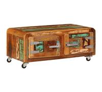 Hoopleep Rustic Reclaimed Solid Wood Coffee Table, 85 x 55 x 40 cm, Handcrafted Living Room Center Table with 2 Storage Doors, Industrial Design, 4 Rolling Wheels for Easy Movement