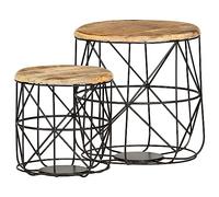 Hoopleep Set di 2 tavole da caffè in legno di mango, con base di ferro rivestita in polvere nera, finitura lucida e cerata, 45 cm e 36 cm di diametro per la decorazione della casa