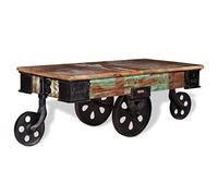 Hoopleep Tavolo da caffè in legno riciclato industriale, 90 x 45 x 35 cm, realizzato a mano, con 4 ruote di ferro, finitura in legno duro, durevole ed elegante