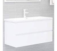Hoopleep White Bathroom Vanity Cabinet with Integrated Ceramic Sink, 90x38.5x45 cm Wood Composite, Single Drawer Storage, Modern Design for Small Bathrooms, Easy Assembly Included