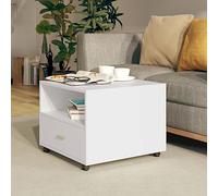 Hoopleep White Coffee Table, 55 x 55 x 40 cm, legno ingegnerizzato, Living Room Tables with Storage Drawer & Open Shelf, Modern Center Table on 360° Lockable Wheels for Easy Movement