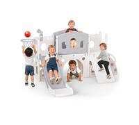 hoopyosms Grande Scivolo per Bambini con Scala, Piattaforma, Tunnel, Rampa da Arrampicata, Canestro da Basket e Telescopio Giocattolo, Gioco per Interni ed Esterni per Bambini e Prescolari(Grigio)