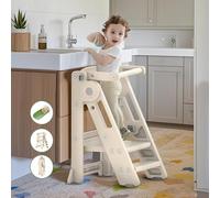 hoopyosms Torre di Apprendimento Pieghevole per Bambini, Sgabello Montessori Regolabile in Altezza, Scala Montessoriana Versatile per Bambini (Classica, Beige)