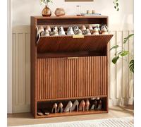 Hootata Scarpiera da ingresso in legno di noce, 80 cm, con 2 cassetti ribaltabili, scarpiera sottile scanalata, organizer per scarpe in legno autoportante per ingresso, corridoio