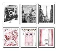 HoozGee Stampa artistica da parete in stile vintage alla moda, stampa artistica su tela in bianco e nero, Torre Eiffel, fiori rosa, porte, finestre, foto, decorazione da parete per ufficio, camera da