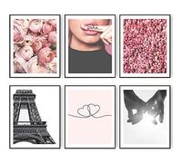 HoozGee Stampe artistiche da parete Parigi, decorazione per camera da letto, fiore rosa, linea minimalista a forma di cuore che si tiene per mano, poster alla moda per fotografia di Parigi, immagini