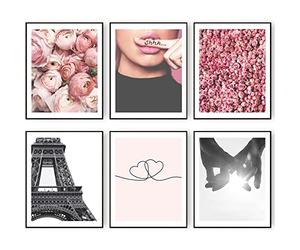 HoozGee Stampe artistiche da parete Parigi, decorazione per camera da letto, fiore rosa, linea minimalista a forma di cuore che si tiene per mano, poster alla moda per fotografia di Parigi, immagini