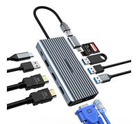 Hopday Display Triplo Stazione docking USB C, 12 in 1 USB C Hub tramite VGA/2*HDMI, Adattatore USB C MacBook Pro/Air (USB A 3,0,1G Ethernet, PD 100W, 3,5 mm MIC, SD/TF Reader) per Dell, HP, Lenovo