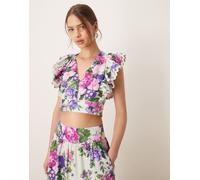 Hope & Ivy - Crop top allacciato sul retro con maniche con volant a fiori multicolore in coordinato-Viola 42