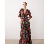 Hope & Ivy Petite - Vestito lungo aperto dietro con maniche con volant e spacco sulla coscia rosso e blu navy con stampa-Multicolore 34