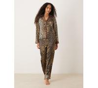 Hope & Ivy - Pigiama in raso marrone con stampa leopardata composto da top e pantaloni 42