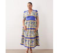 Hope & Ivy Plus - Vestito grembiule midi con scollo a V e maniche a sbuffo blu e giallo a fiori-Multicolore 52