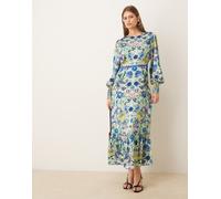 Hope & Ivy - Vestito a maniche lunghe a campana con gonna al polpaccio e fiocco sul retro blu specchiato a fiori 40