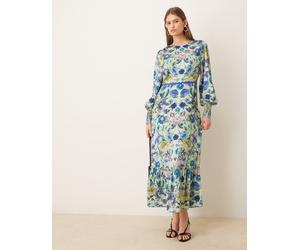 Hope & Ivy - Vestito a maniche lunghe a campana con gonna al polpaccio e fiocco sul retro blu specchiato a fiori 42