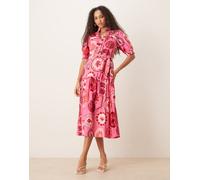 Hope & Ivy - Vestito camicia midi rosa con stampa ispirata al mare e maniche a sbuffo 48