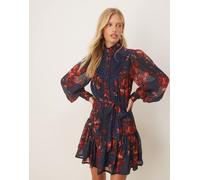 Hope & Ivy - Vestito corto in chiffon blu navy e rosso a fiori accollato con maniche a palloncino e vita scesa-Multicolore 46