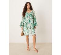 Hope & Ivy - Vestito corto verde con stampa di palme, allacciatura al collo e volant sulle maniche 40