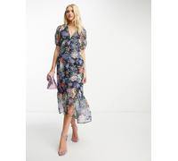 Hope & Ivy - Vestito da giorno midi con maniche a sbuffo a fiori blu 38