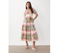 Hope & Ivy - Vestito grembiule midi in cotone bianco e rosa a fiori con scollo a V e maniche a sbuffo-Multi 46