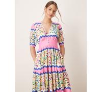 Hope & Ivy - Vestito grembiule midi multicolore con scollo a V e maniche a sbuffo-Viola 40