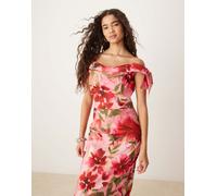 Hope & Ivy - Vestito longuette rosa a fiori con scollo alla Bardot 42