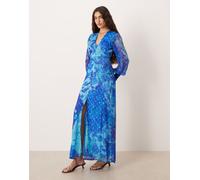 Hope & Ivy - Vestito lungo a maniche lunghe blu a fiori con scollo a V e bottoni sul davanti 44