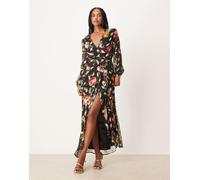 Hope & Ivy - Vestito lungo a portafoglio nero a fiori con dettagli oro 44