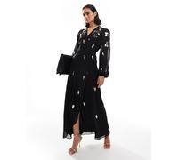 Hope & Ivy - Vestito lungo a portafoglio nero con decorazioni oro 42