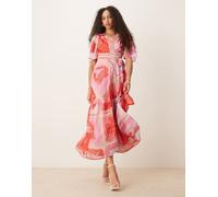 Hope & Ivy - Vestito lungo a portafoglio rosa con maniche con volant e stampa ispirata al mare 38