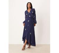 Hope & Ivy - Vestito lungo avvolgente blu navy decorato 38